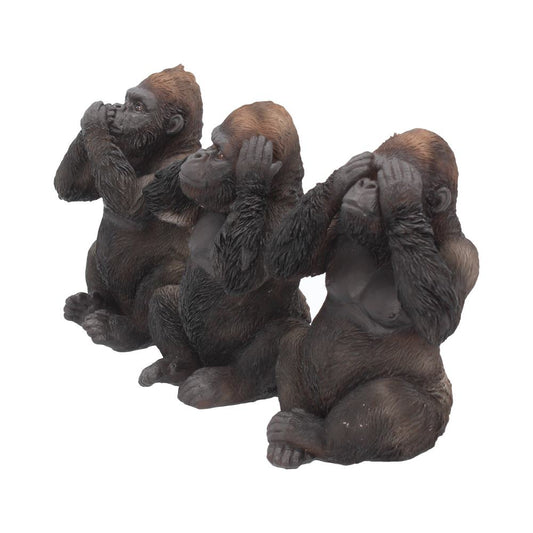 Three seated gorilla figures depict "see no evil," "hear no evil," and "speak no evil" against a white background.