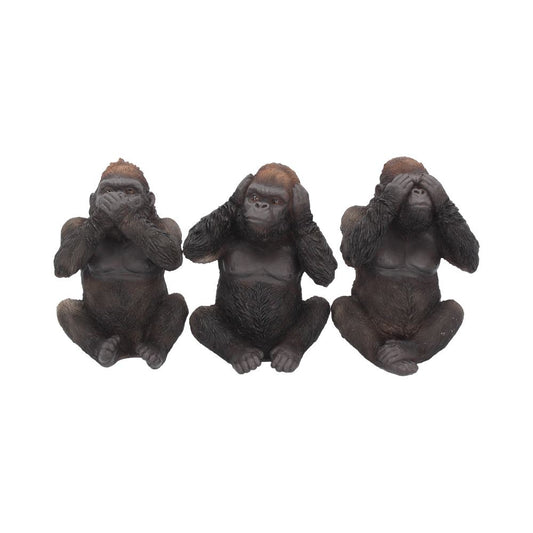 Three Wise Gorillas Figurines – hand-painted resin gorilla trio in see no evil, hear no evil, speak no evil poses