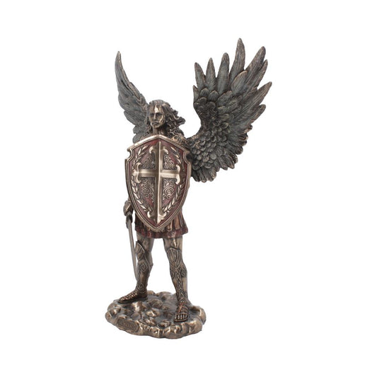 Bronze statue of the angel Michael stands with wings spread, holding a shield with a cross, and a sword, on a cloud.