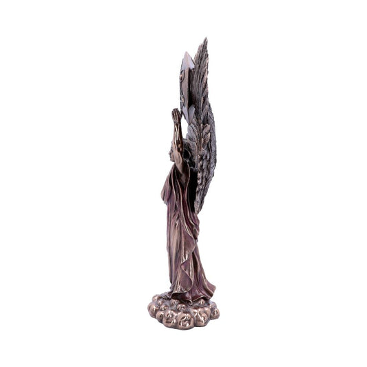 A bronze-colored angel statue stands with hands raised in prayer, wings extended upwards. It rests upon a cloud-like base, against a bright white background.
