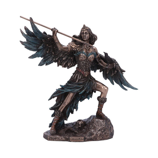 Morrigan winged goddess figurine with spear, raised leg and rocky base in bronze and blue tones