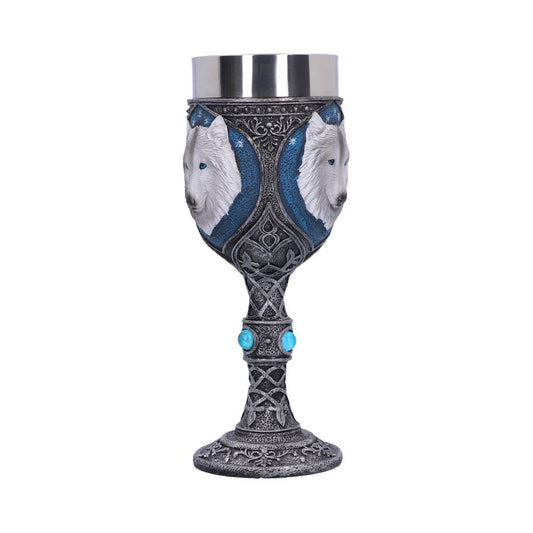 A goblet with a silver cup and wolf head reliefs is posed on a white background. The stem of the goblet is decorated with turquoise gems and ornate carvings.