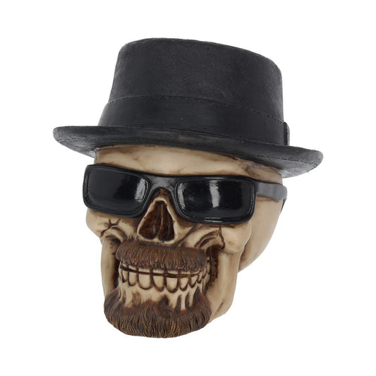 A skull wearing a black fedora and sunglasses, with a detailed beard and mustache, set against a plain white background.