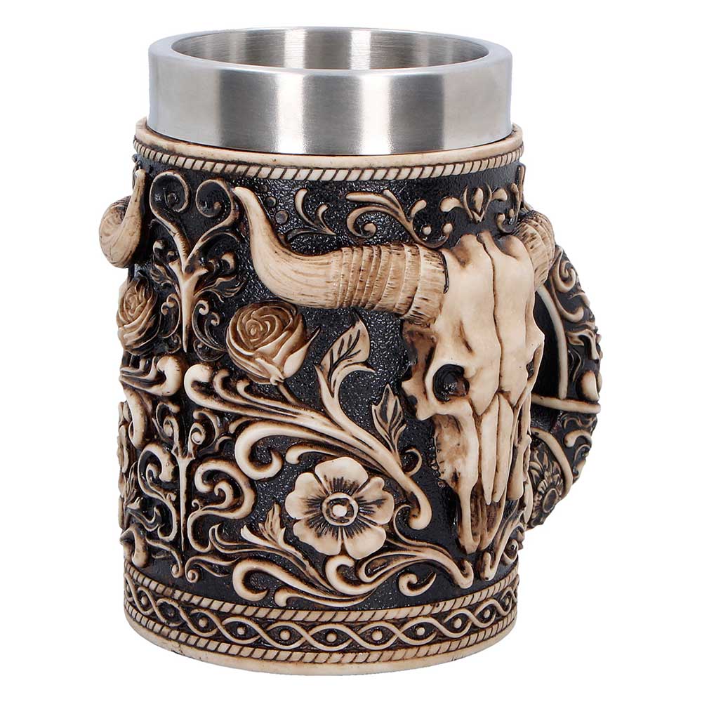 Wild West Bull Skull Tankard - Opposite angle of handle and decorated body