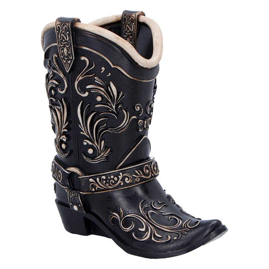 Wild West Cowboy Boot Pen Pot - Angled front of black cowboy boot with pale floral design