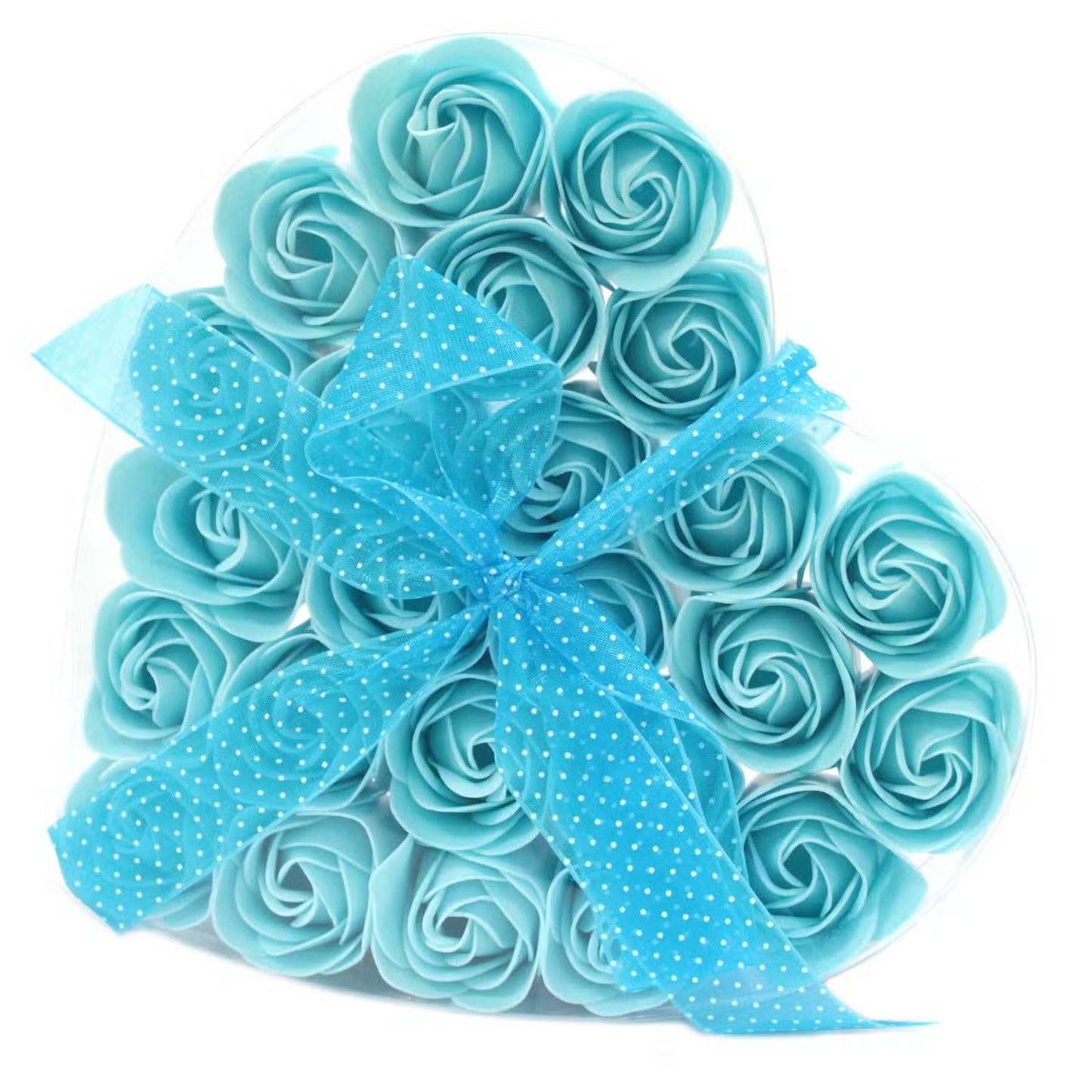 set of 24 blue soap flower roses in heart shaped gift box