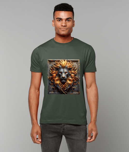Lion illustration faces forward on an olive green T-shirt, its fiery mane flowing outward, worn by a standing young man with a neutral expression against a plain gray background.
