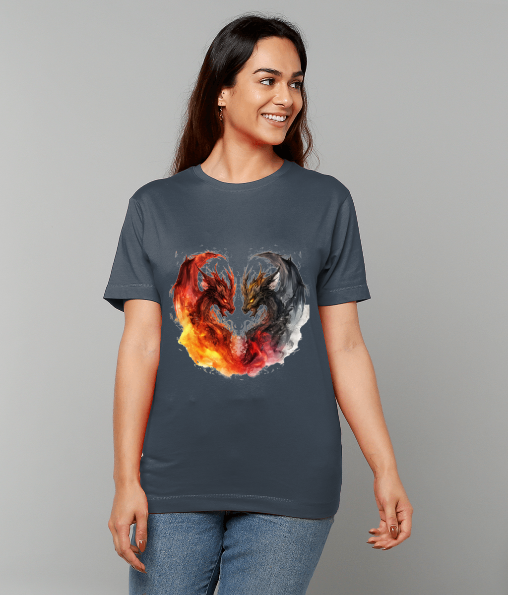 Person wearing a dark T-shirt showing two dragons, one red orange and one black gray, facing each other to form a heart in flames and smoke against a plain gray background.