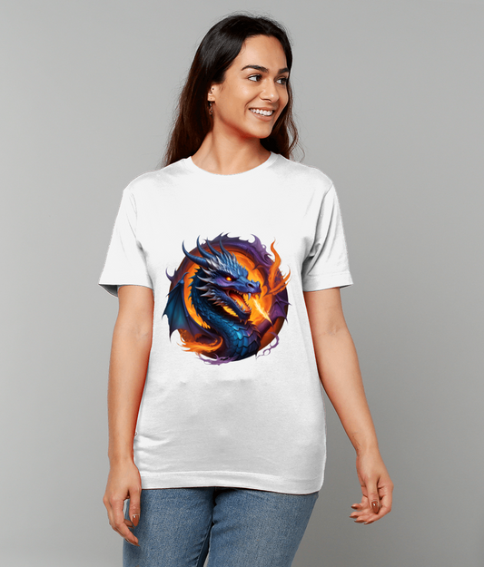 Blue and purple dragon graphic breathing orange fire on a white t-shirt; a woman wears it smiling and looking right while standing against a plain light gray studio background.