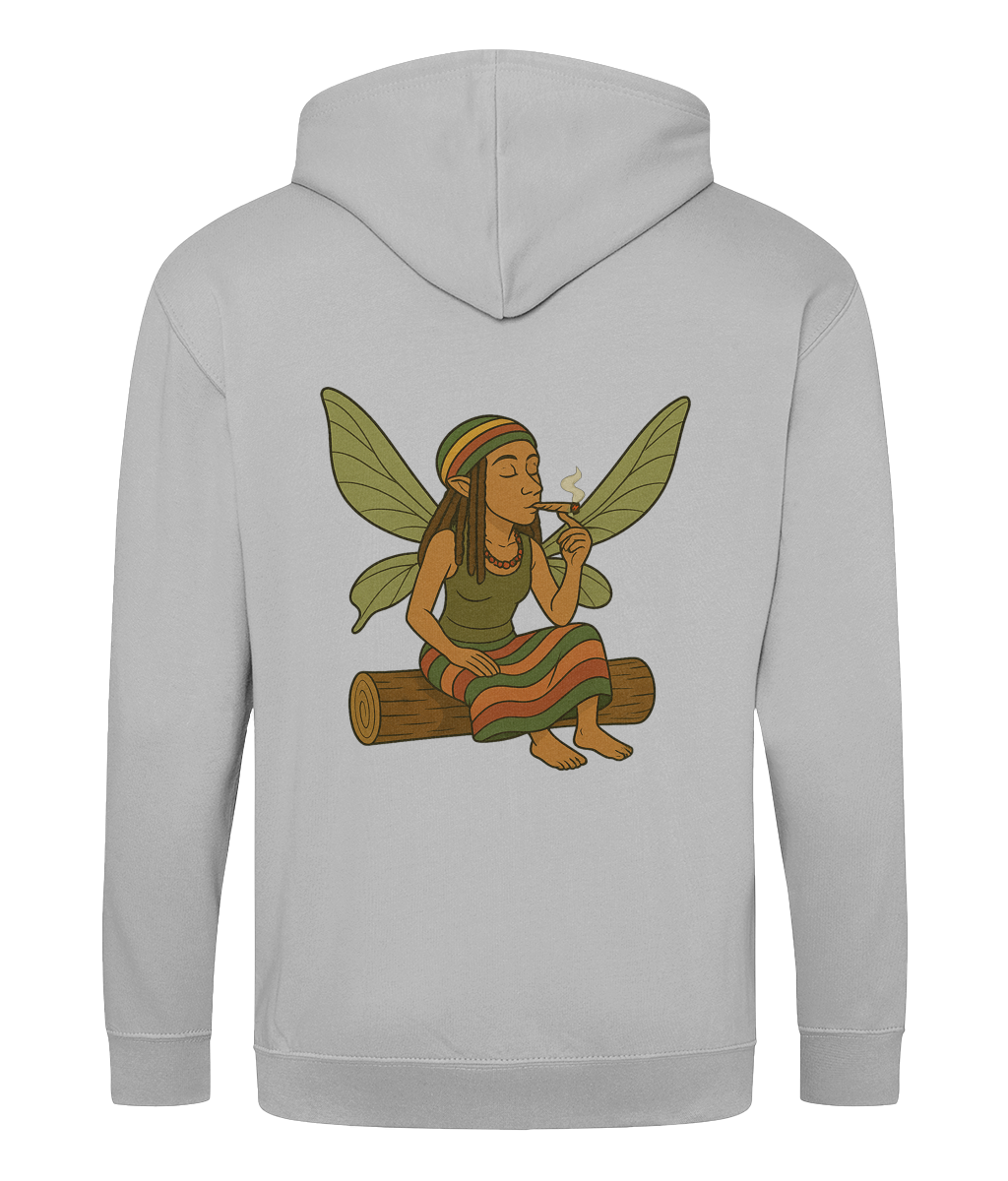 Zoodie Rastafairy - a white hoodie with an image on the back of a rastafarian woodland fairy with wings, smoking a spliff whilst sitting on a log
