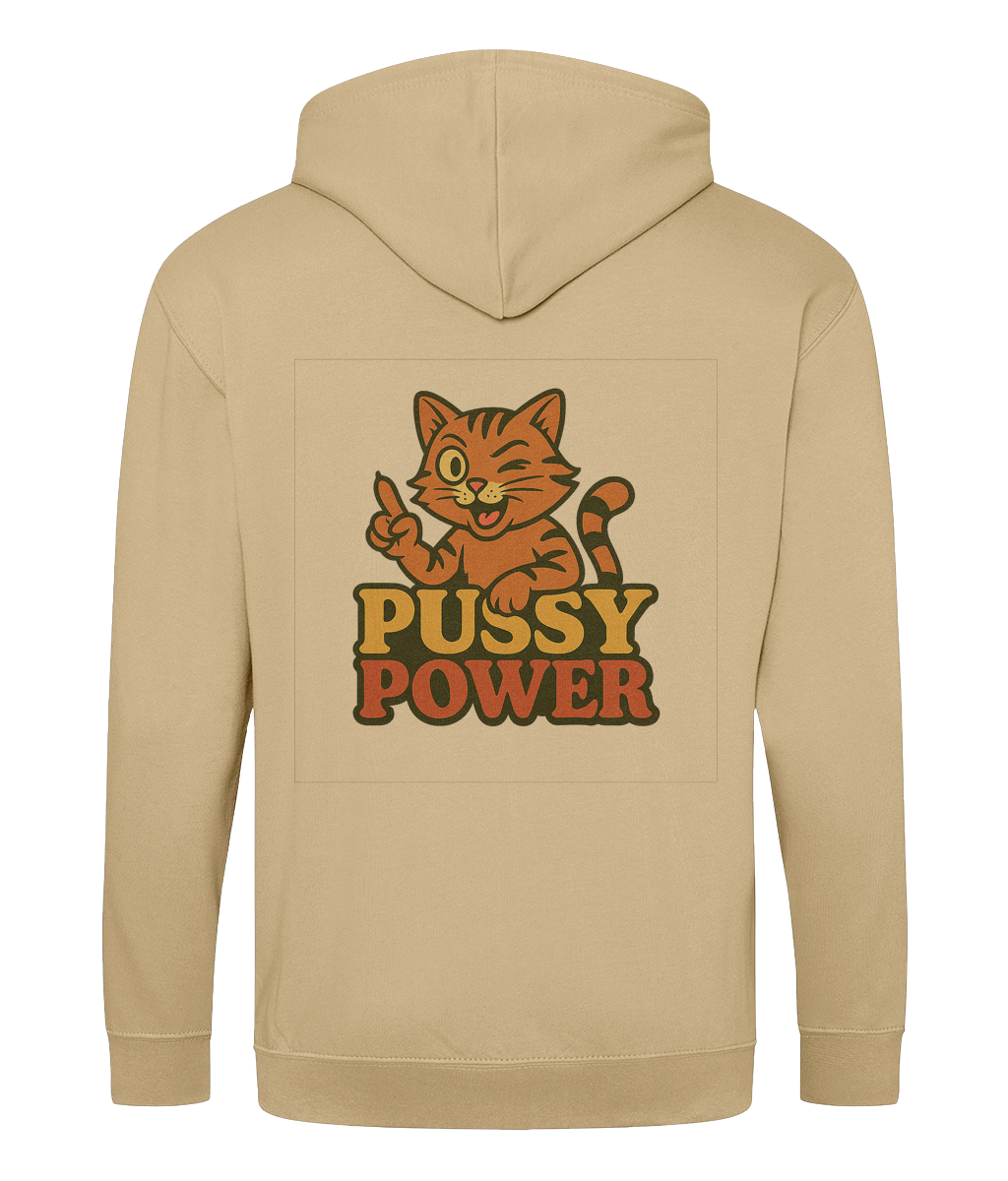 Zoodie pussy power - a light sand hoodie with an iamge of a winking tabby cat and the words Pussy Power on the back