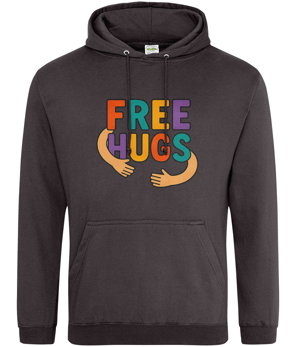 Hooded sweatshirt displays text "FREE HUGS" in multicolored block letters with two cartoon arms wrapping around the words on a dark gray hoodie front against a plain background.