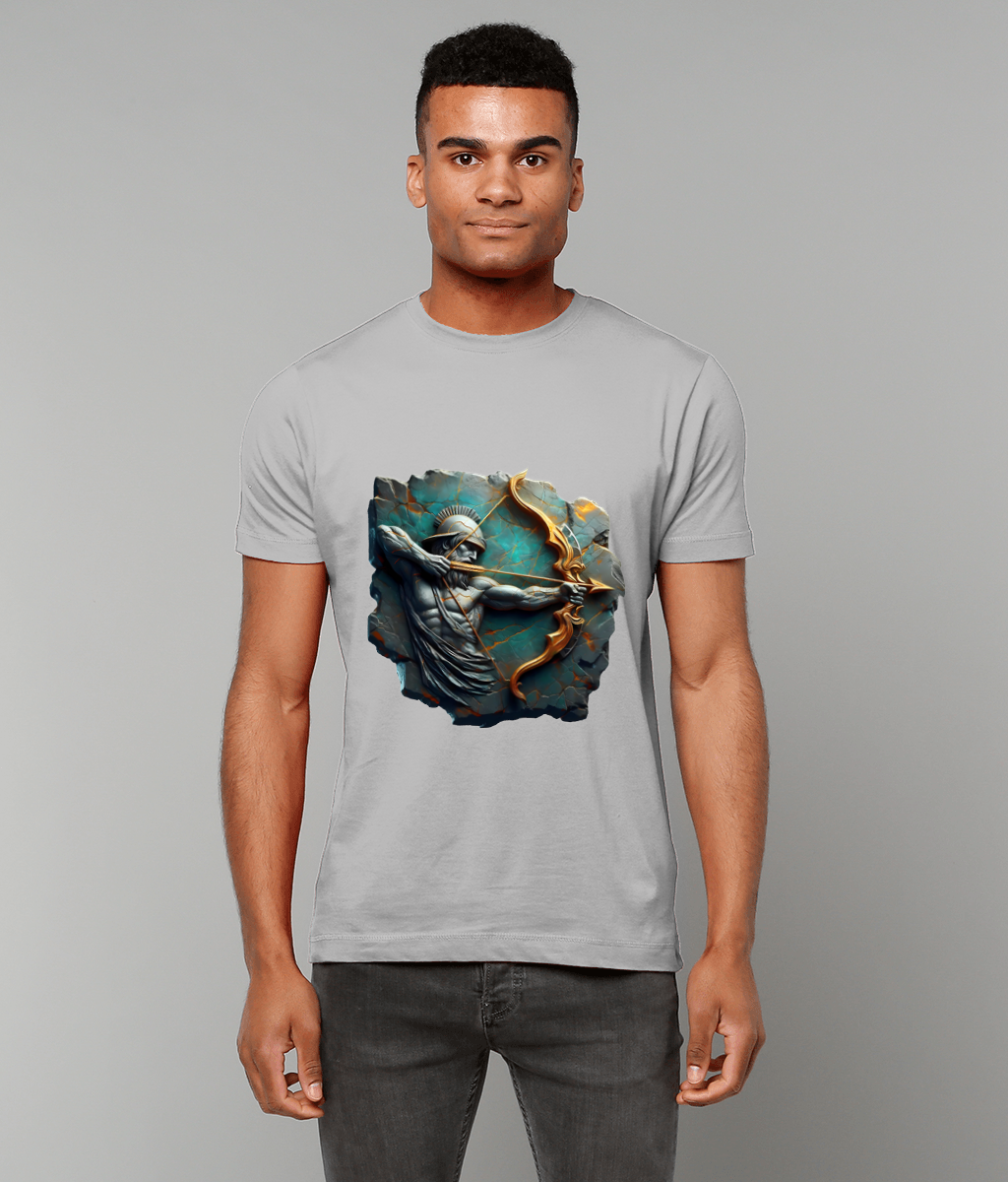 Light gray T-shirt displays a sculpted archer pulling a golden bow against a cracked teal stone background while a person stands facing forward against a plain gray backdrop.