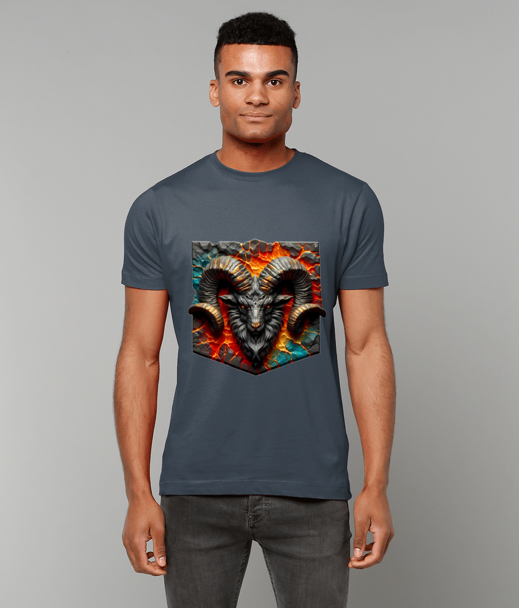 Stylized ram head graphic faces forward on the chest of a dark slate T-shirt worn by a standing man, showing cracked lava and turquoise veins against a light gray background.