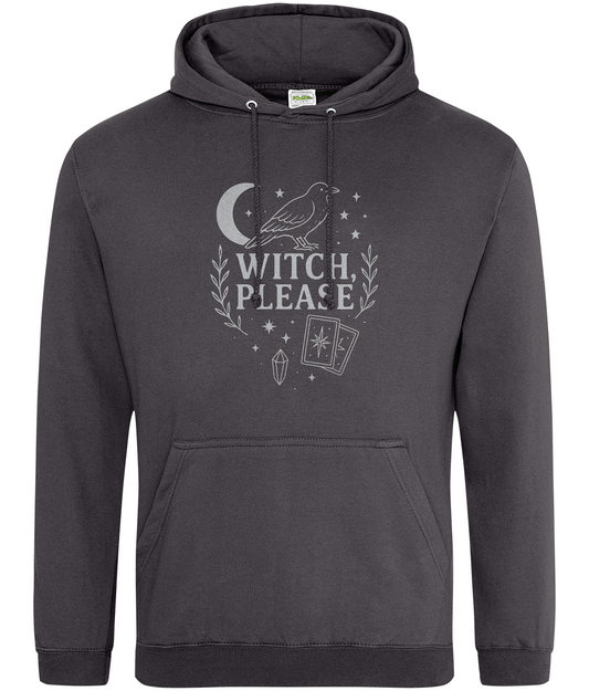 Charcoal hoodie displays a centered white occult print reading "WITCH, PLEASE" with a crow, crescent moon, stars, tarot cards and crystal on a plain white background.