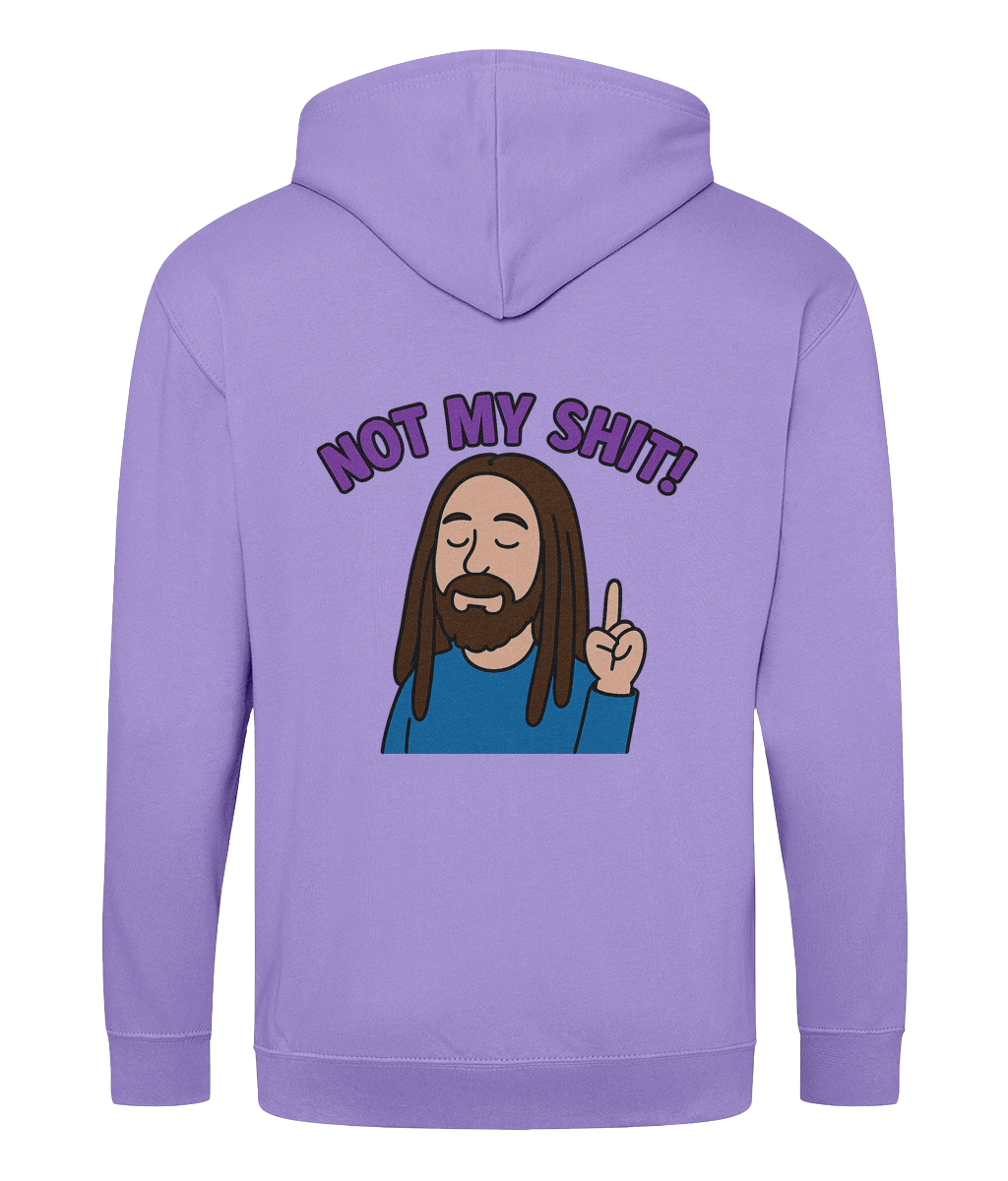 an image of a cartoon man with dreadlocks exclaiming Not My Shit on a lilac hoodie bacl