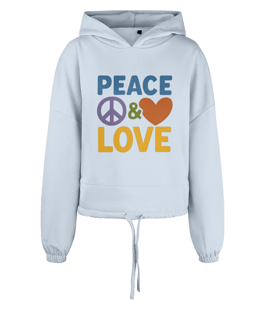 Light blue hoodie features "PEACE" above a purple peace sign, a green "&" and an orange heart followed by "LOVE" centered on a black background
