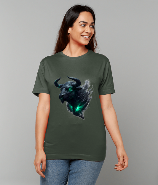 Green T-shirt features a glowing teal-eyed spectral bull head graphic centered on the chest, worn by a smiling woman standing against a plain light gray studio background.