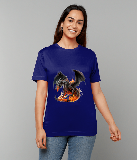 T-shirt displays a black winged dragon breathing fire, worn by a smiling person standing against a plain gray backdrop.