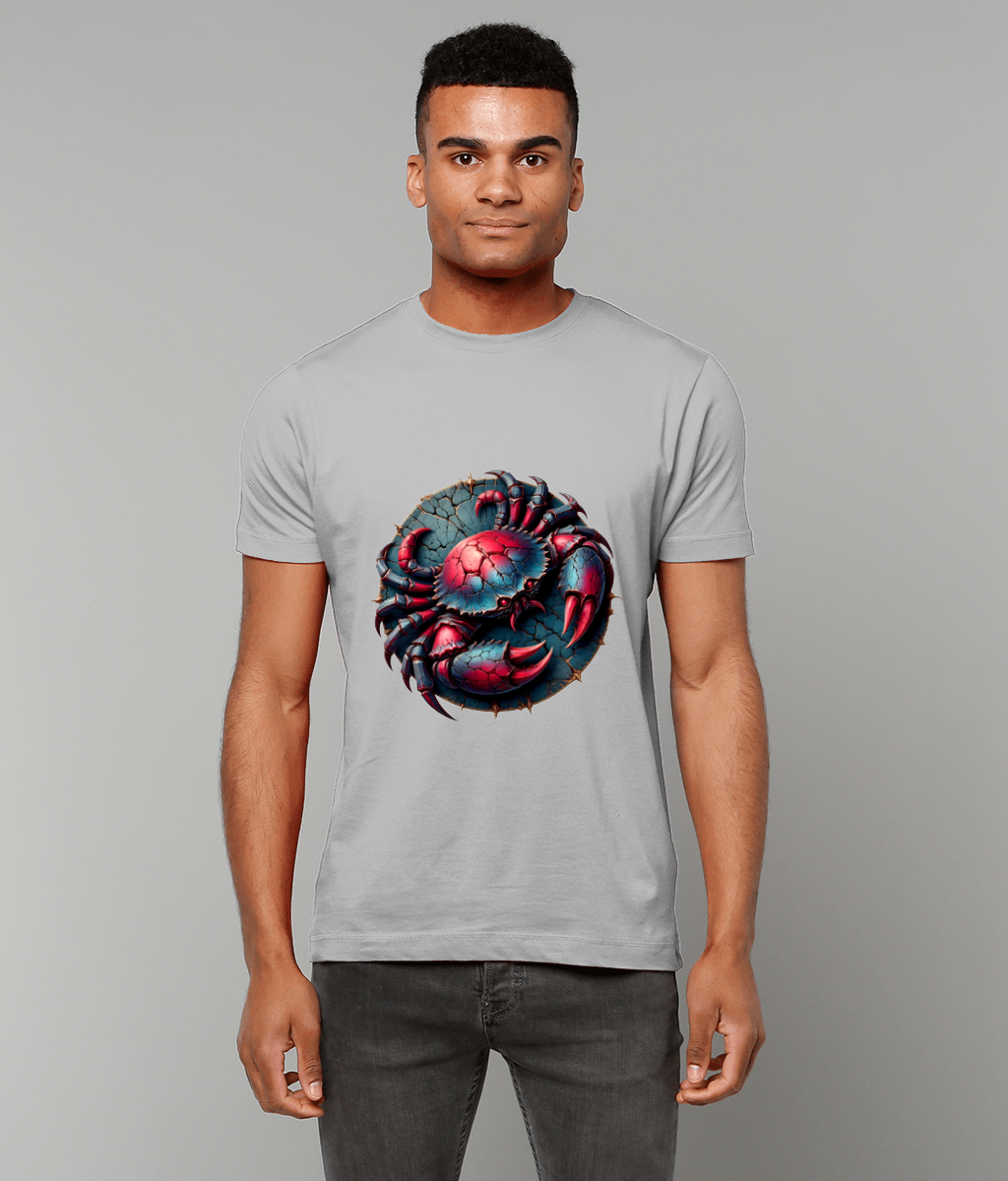 A colorful, stylized crab curls into a circular pose on a light gray T-shirt worn by a standing man against a plain neutral gray background.