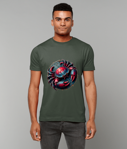Olive-green t-shirt with a vibrant red-blue crab graphic centered on the chest, worn by a man standing facing the camera against a neutral gray background.