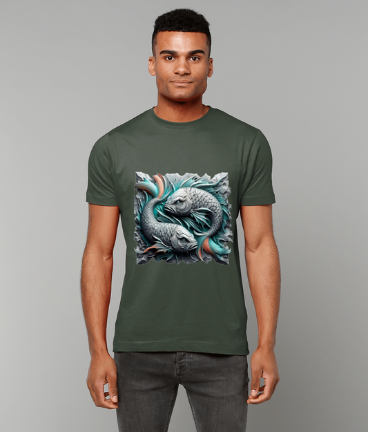 Person wearing olive-green T-shirt depicting two stylized koi entwined in a circular formation with teal and coral accents on a torn-stone square, standing facing the camera against a gray background