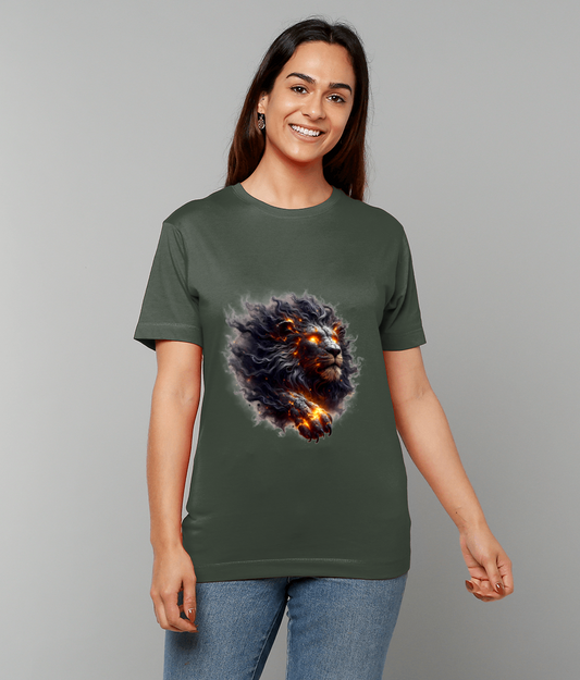 Dark green t-shirt featuring a roaring lion head with smoky mane and glowing embers, worn by a smiling woman standing against a plain light gray background.