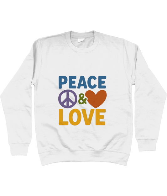 White sweatshirt displays PEACE & LOVE in bold letters with a purple peace symbol and orange heart centered on the chest against a plain white background.