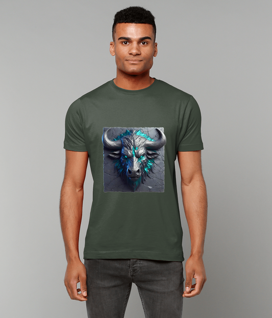 Stylized bull head graphic glows with teal veins and stares forward, printed on a dark green t-shirt worn by a standing person against a neutral gray studio background.
