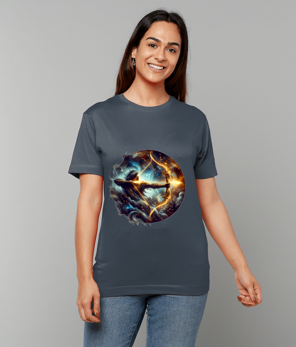 Dark gray T-shirt featuring a luminous circular archer graphic, worn by a smiling woman with relaxed arms, standing against a plain light gray studio background.