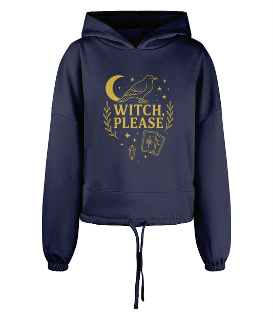 Navy cropped hoodie features gold occult graphic of a crow perched by a crescent moon, tarot cards, crystal and stars, text 'WITCH, PLEASE', displayed against a solid black background.