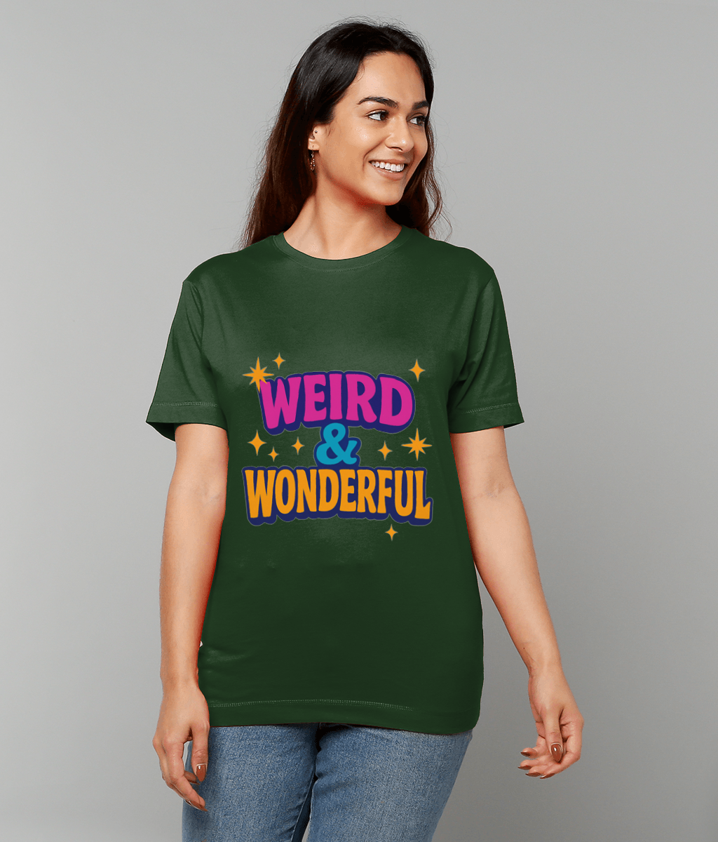 Person wearing a dark green T-shirt displaying "WEIRD & WONDERFUL" in colorful retro letters, smiling and looking right while standing against a plain light gray background.