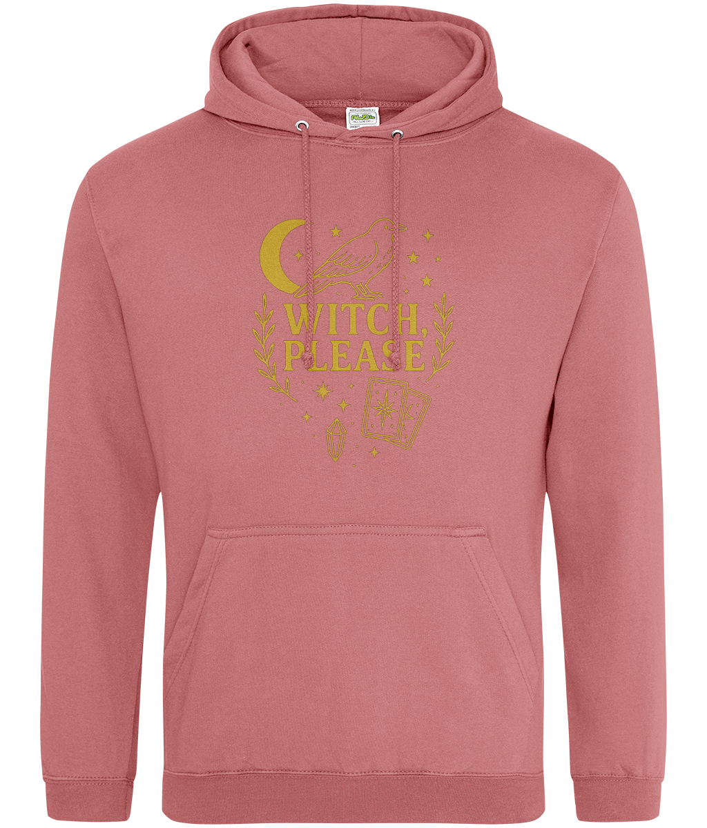 Dusty-rose hoodie with gold raven and crescent moon above the text WITCH, PLEASE, plus stars, tarot cards and a crystal printed on the chest, shown flat on white.