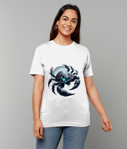 White T-shirt displays a stylized dark blue armored crab graphic; it sits on a smiling woman standing against a plain light gray background.