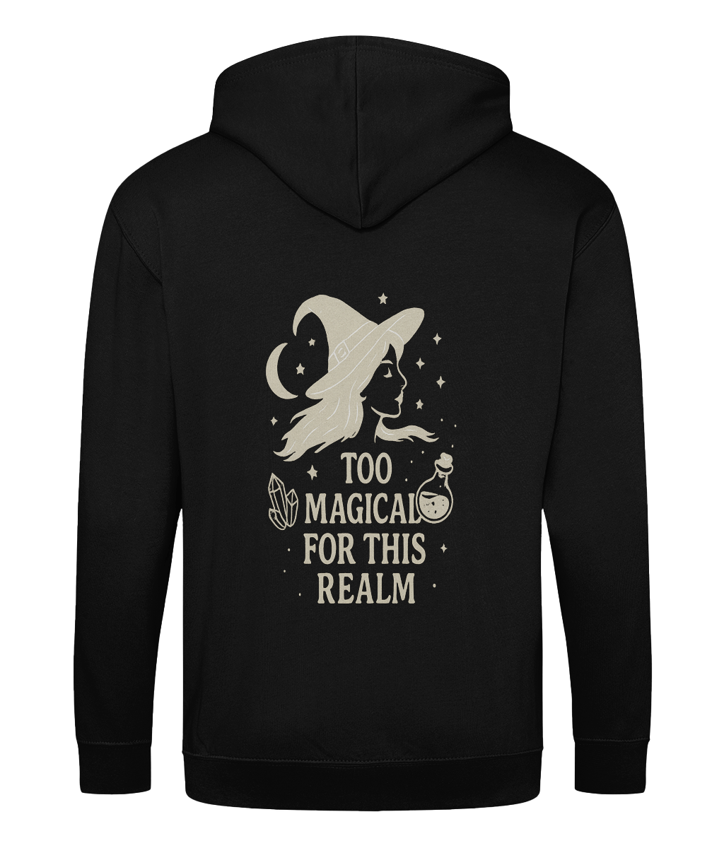 Zoodie Too Magical For This Realm - silver witch head outline with potions and crystals, all in silver with the words Too magical for this realm. On the backof a black hoodie.