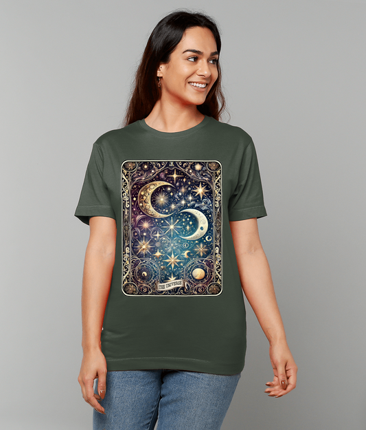 Graphic panel on a T-shirt depicts ornate celestial scene of crescent moons and stars, worn by a smiling woman against a plain gray background. Text on panel reads THE UNIVERSE