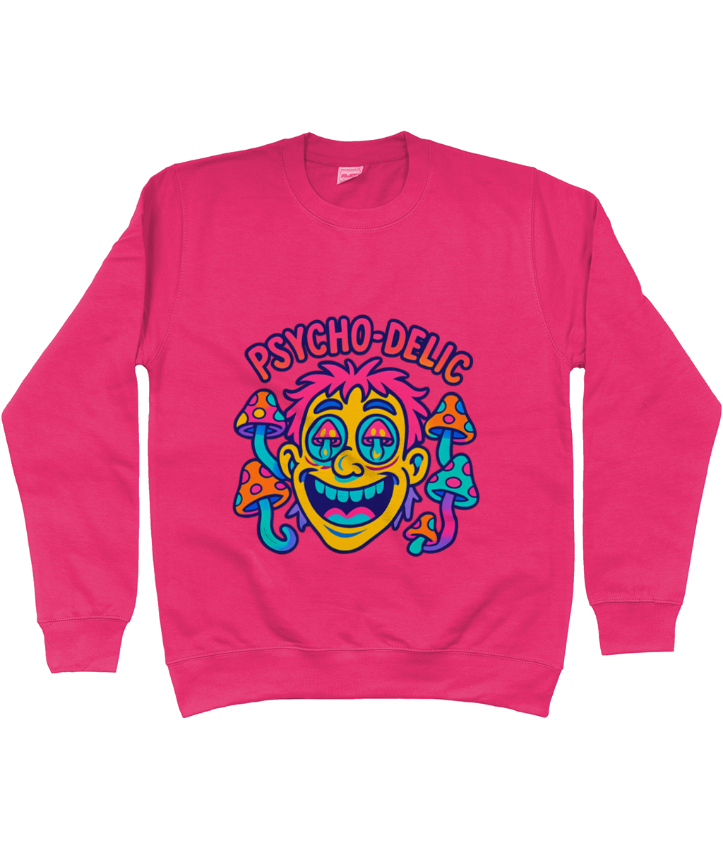 Pink sweatshirt displays PSYCHO-DELIC text above a grinning cartoon face with spiral eyes and colorful mushrooms surrounding it on a flat white background.