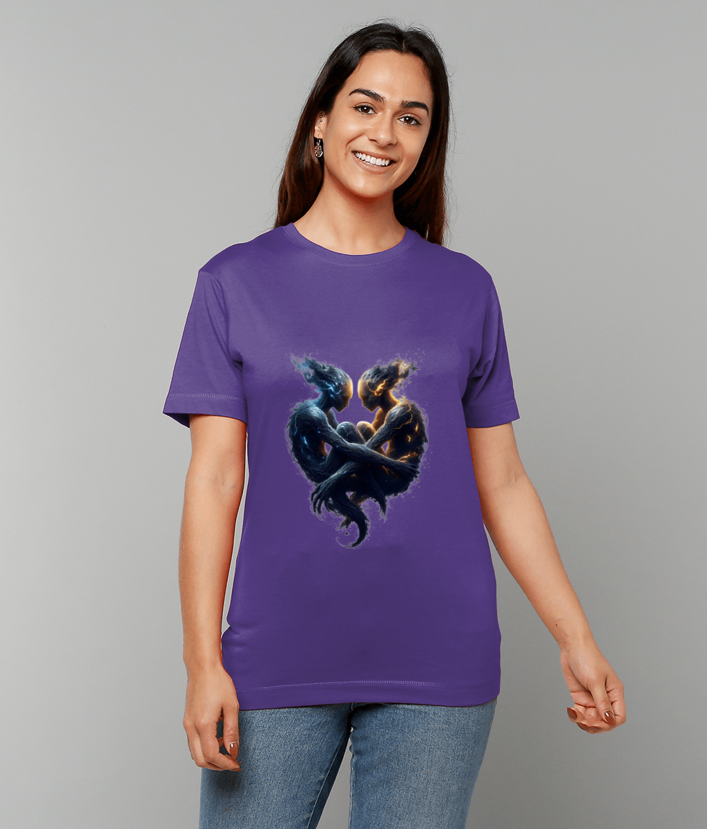 Purple T-shirt displays two intertwined fire-and-ice humanoid figures facing each other, while a smiling woman stands casually against a plain light-gray background.
