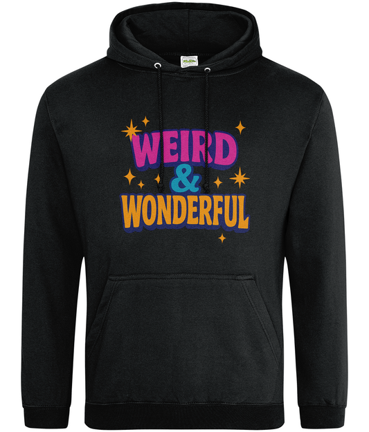 Black hooded sweatshirt displays the text "WEIRD & WONDERFUL" in large purple, teal, and orange letters with star graphics, shown front-facing against a plain white background.