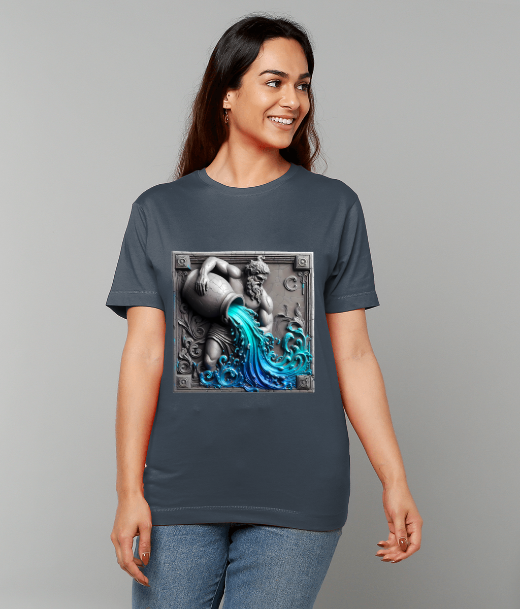 Bearded stone figure pours vivid turquoise-blue water from an amphora in a carved framed relief printed on a dark gray T-shirt worn against a plain light gray backdrop.