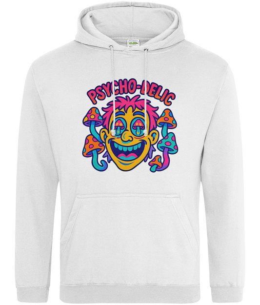 White hoodie displays a bright neon cartoon grinning face with pink hair and colorful mushrooms, text "PSYCHO-DELIC" arched above, photographed on a plain white background.