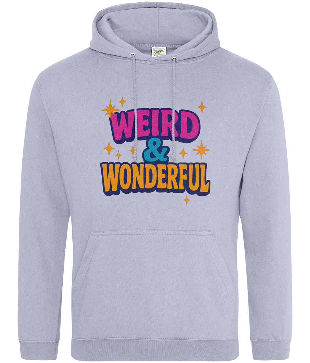 Lavender hoodie displays text "WEIRD & WONDERFUL" in bold retro pink, teal, and yellow letters surrounded by star sparkles, photographed flat against a plain white background.