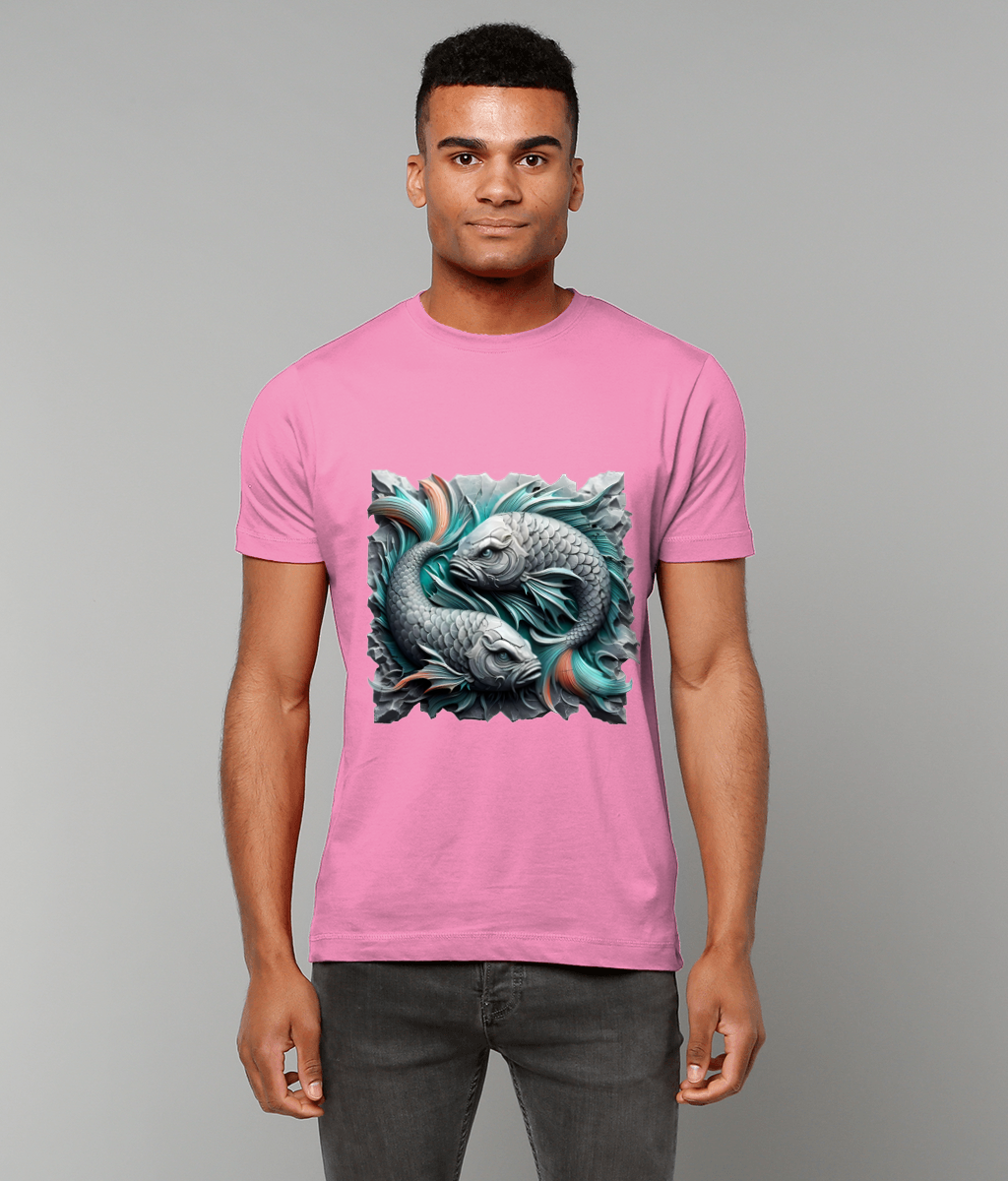 Koi fish design forms two entwined carp on a pink T-shirt worn by a standing young man against a plain gray background.