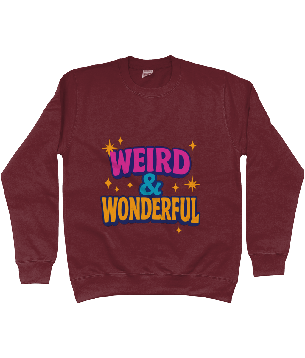Maroon crewneck sweatshirt displaying colorful text "WEIRD & WONDERFUL" with star accents centered on the front, photographed flat on a white background.