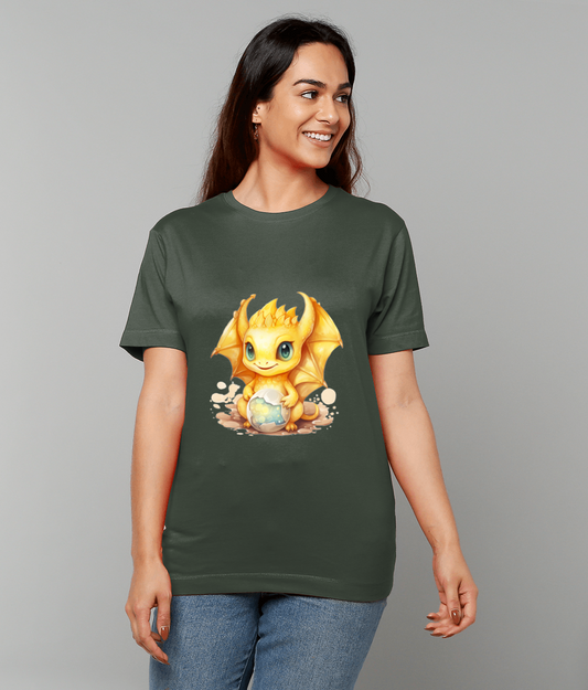 Yellow baby dragon graphic clutching a glowing egg sits centered on a dark green t-shirt worn by a smiling woman standing against a plain light gray background.