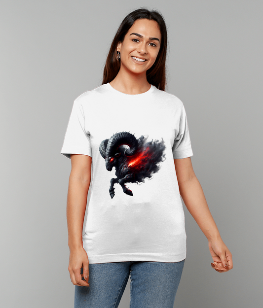 White T-shirt featuring a dark, smoky ram with a glowing red core, worn by a smiling person standing against a plain light-gray background with hands relaxed at sides.
