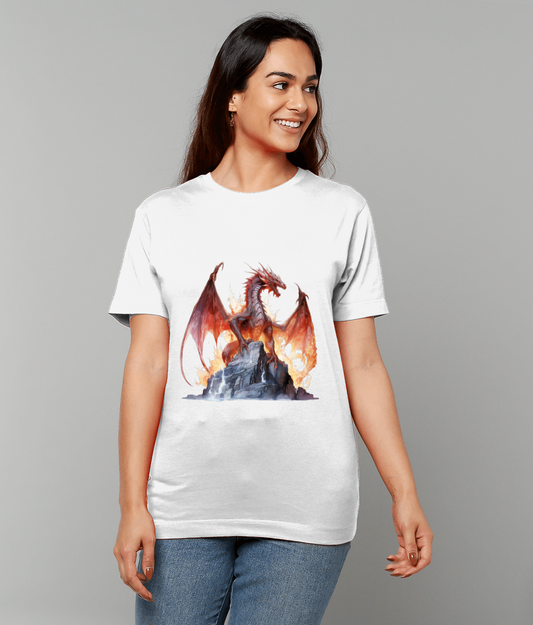 Printed dragon perched on a rocky outcrop with wings raised and flames blazing; the design appears on a white T-shirt worn by a smiling person against a plain gray background.
