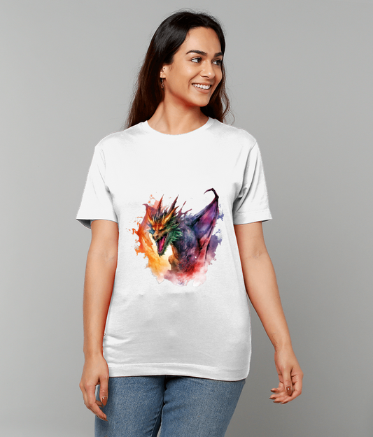 Colorful dragon print roaring with open mouth on a white T shirt worn by a smiling woman standing against a plain gray background.