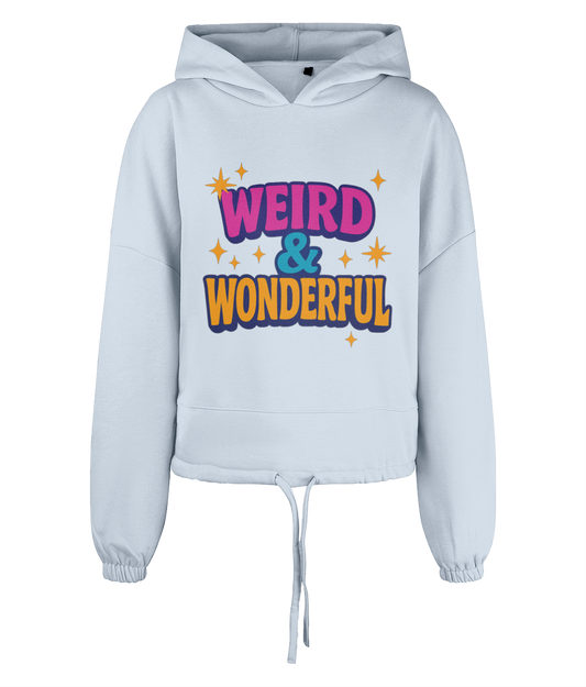 Light blue hooded sweatshirt displays bold graphic reading WEIRD & WONDERFUL centered on front, hanging against a plain black background.