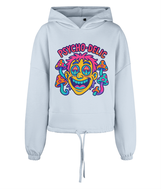 Light blue cropped hoodie displays a colorful psychedelic cartoon face with mushrooms and the text PSYCHO-DELIC across the chest against a black background.